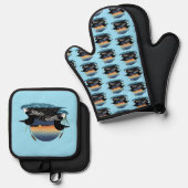 アオガモのつがい 日没の青い湖の野生生物 鍋つかみ&鍋敷きセット (正面/裏面)