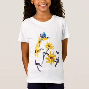 アオガラおよび黄色いヒマワリの芸術の花柄 Tシャツ