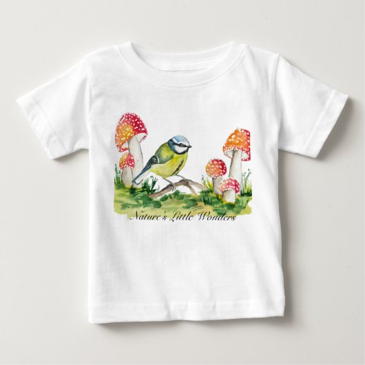 アオガラとベニテングタケの水彩画 ベビーTシャツ (正面)