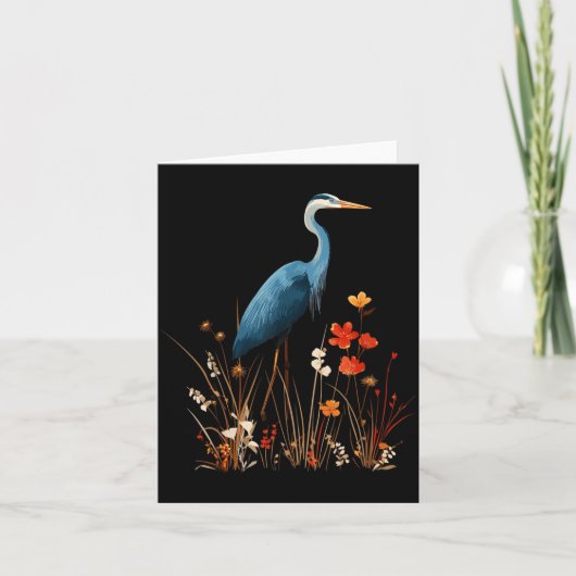 アオサギの花柄の野生の花の野鳥観察 カード (正面)