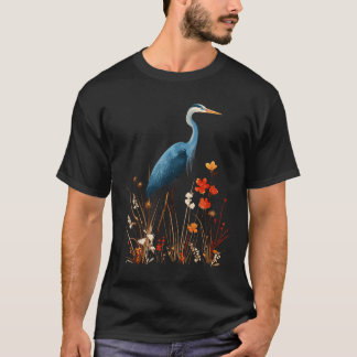 アオサギの花柄の野生の花 鳥の観察 Tシャツ