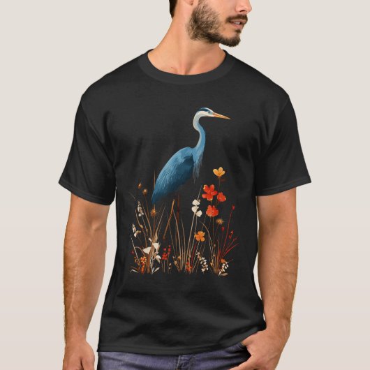 アオサギの花柄の野生の花 鳥の観察 Tシャツ (正面)