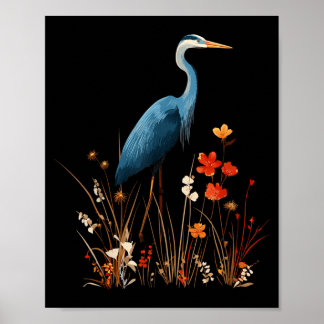 アオサギの花柄の野生の花 鳥見 ポスター