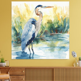 アオサギ 湖の水彩画 キャンバスプリント