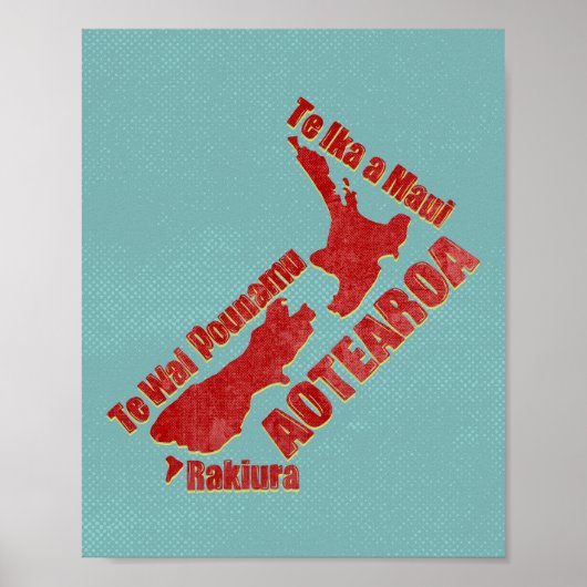 アオテアロアニュージーランドの地図 ポスター (正面)