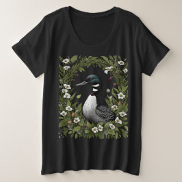 アオハシカイツブリとレディースリッパーの花 2 プラスサイズTシャツ
