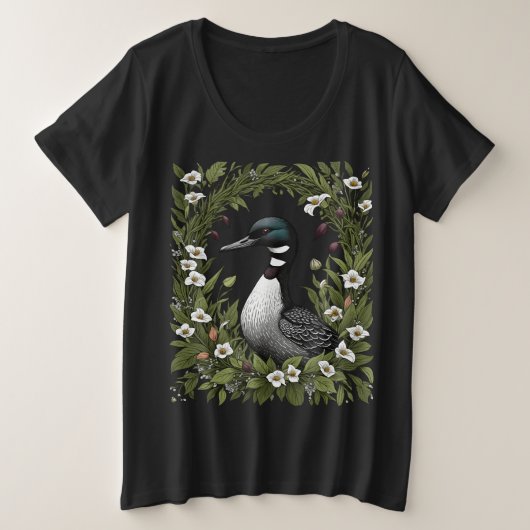 アオハシカイツブリとレディースリッパーの花 2 プラスサイズTシャツ (デザイン正面)