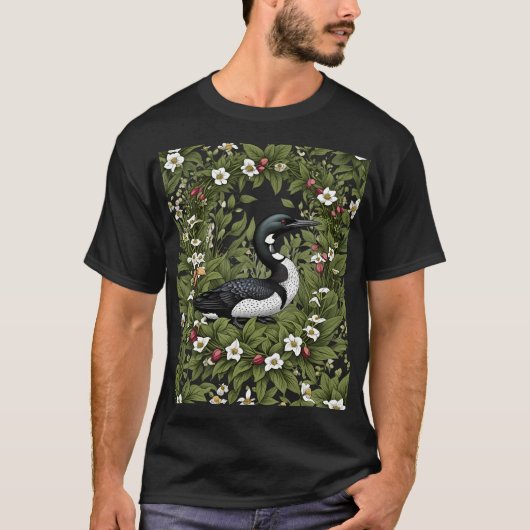 アオハシカイツブリの鳥と白い蘭の花 Tシャツ (正面)