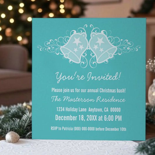 アカのホリデー ベルとスワール ご招待状, 水色 招待状