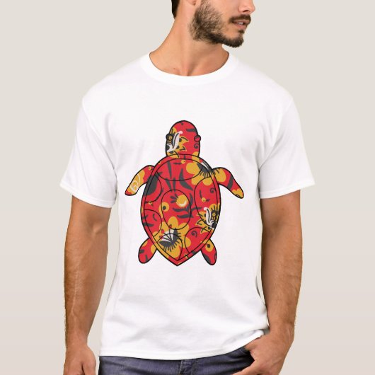 アカウミガメの赤い花柄 Tシャツ (正面)