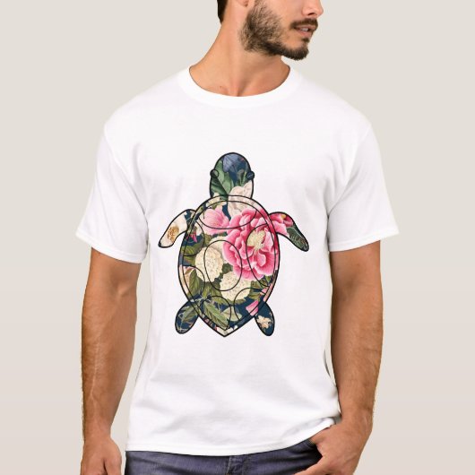 アカウミガメ ネイビー フラワル Tシャツ (正面)