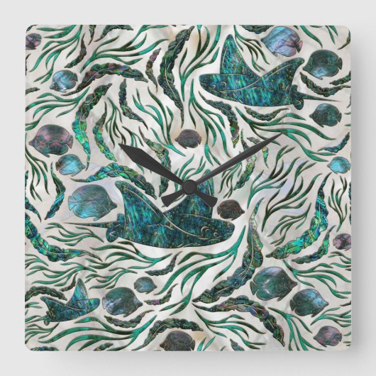 アカエイとスカットの魚の模様アワビ スクエア壁時計 (正面)