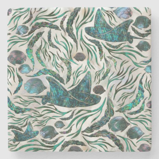 アカエイとスカットの魚の模様アワビ ストーンコースター (正面)