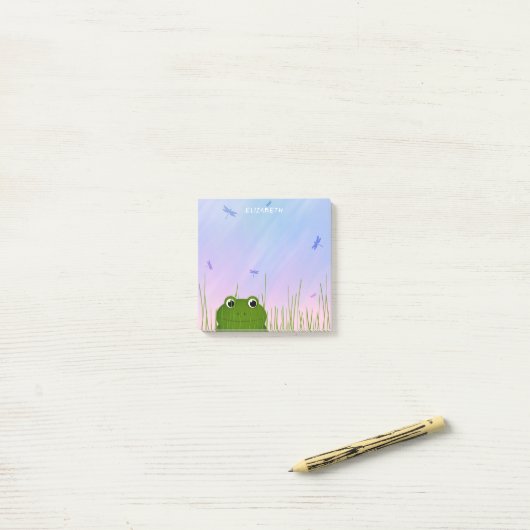 アカガエルが草のトンボから覗き込む ポストイット (デスク上)