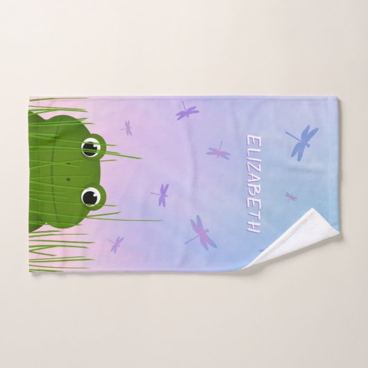 アカガエルが草のトンボの女の子を覗き込む ハンドタオル (ハンドタオル)