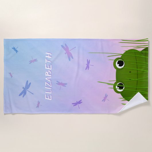 アカガエルが草のトンボの女の子を覗き込む ビーチタオル (正面)