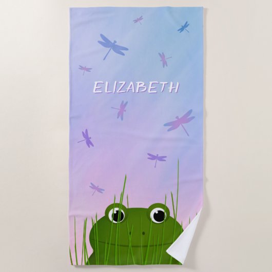 アカガエルが草のトンボの女の子を覗き込む ビーチタオル (正面)