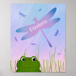 アカガエルが草のトンボの女の子を覗き込む ポスター