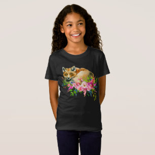 アカギツネ及び水彩画の花の女の子のTシャツ Tシャツ