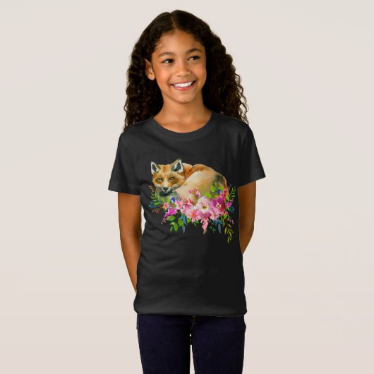 アカギツネ及び水彩画の花の女の子のTシャツ Tシャツ (正面フル)