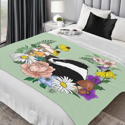 アカゲワイルドフラワーマッシュルームグリーン フリースブランケット