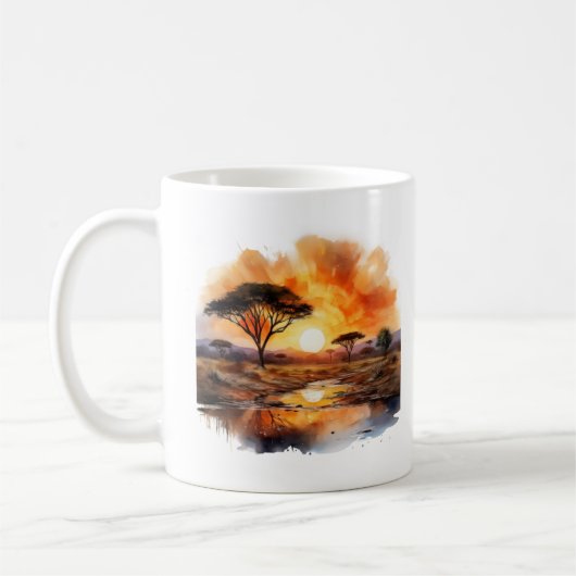 アカシアの木々が見えるアフリカの夕日 コーヒーマグカップ (左)