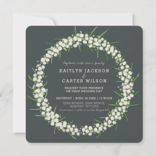 アカシア軽いガラガラの花リースアート結婚ズ 招待状 (正面)