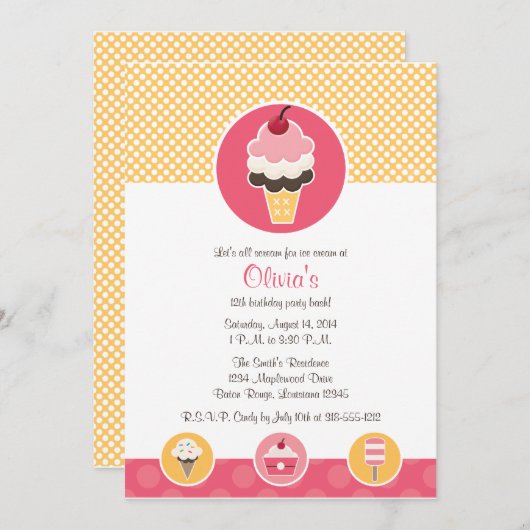 アカスタムイスクリームコーンバースデーパーティ招待状 招待状 (正面/裏面)