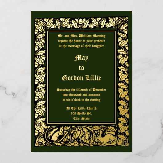 アカツウサギ縁どとリス結婚の葉 箔招待状 (正面)