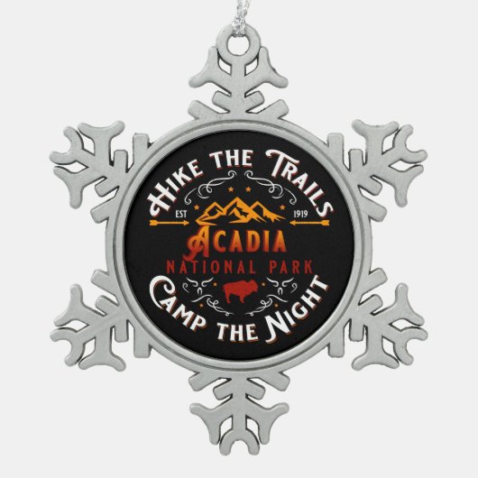 アカディアナショナルパークハイキングザトレイルズホリデー スノーフレークピューターオーナメント (正面)