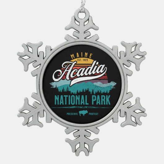 アカディア国立公園レトロサンセットキープサクホリデー スノーフレークピューターオーナメント (正面)