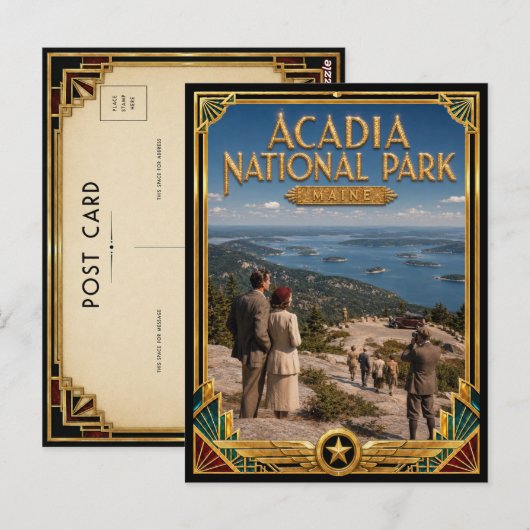 アカディア国立公園 メイン州 ビンテージ アールデコ ゴールデン ポストカード (正面/裏面)
