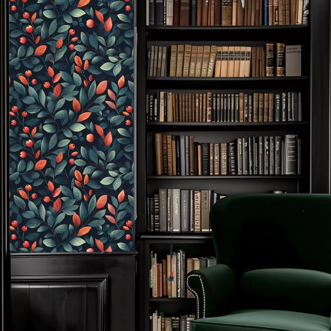 アカデミアの赤とティール（緑がかった色）の葉 壁紙 (Dark Academia Red and Teal Foliage Wallpaper in a library.)
