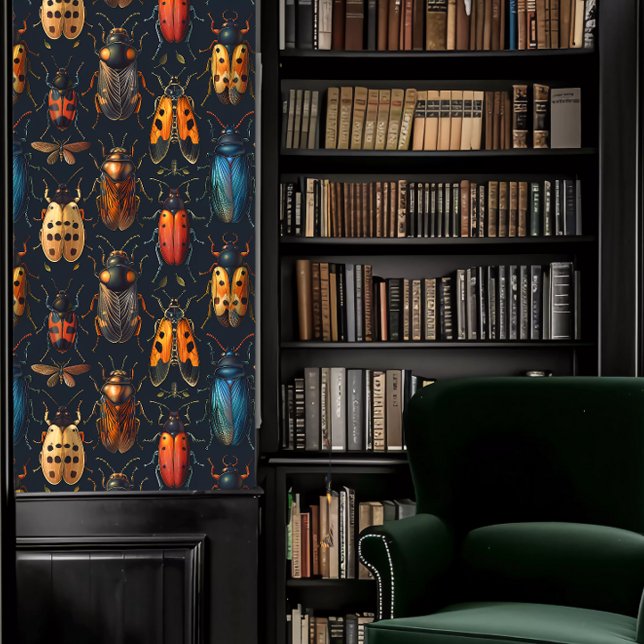 アカデミアカデミアカデミムシ赤、青、オレンジ 壁紙 (Dark Academia Red, Blue, & Orange Insects Wallpaper in a library.)