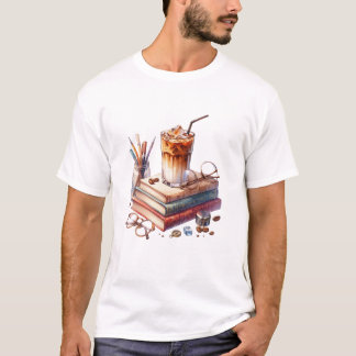 アカデミックな水彩画のアイスコーヒーと古書 Tシャツ