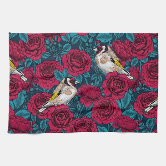 アカバラの花と金魚の鳥 キッチンタオル (横)