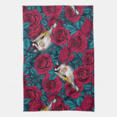 アカバラの花と金魚の鳥 キッチンタオル (縦)