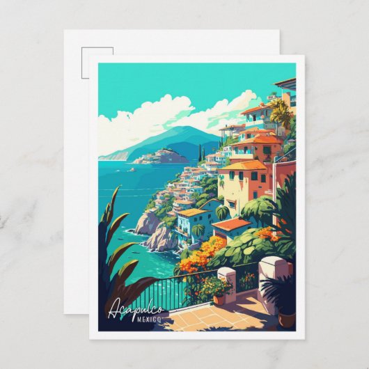 アカプルコメキシコアートヴィンテージ旅行イラストレーション ポストカード (正面/裏面)