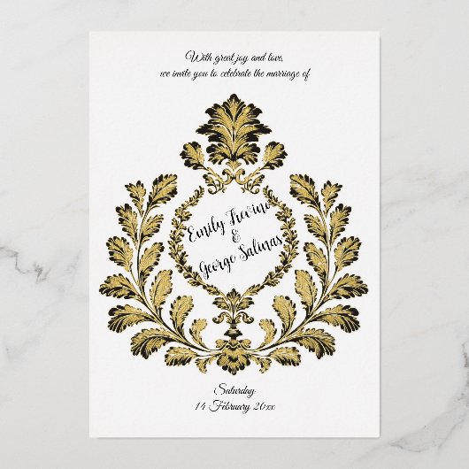 アカンサスと古代、金ゴールドとブラック。 箔招待状 (正面)
