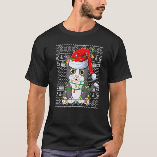 アガるセーター風クリスマスイルミネーション サンタ ねこ クリスマス Tシャツ (正面)
