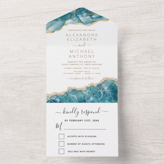 アガテアクアターコイズブルー金ゴールド結婚ズ オールインワン招待状 (内側)