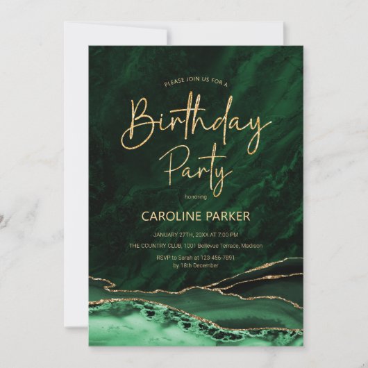 アガテエメラルドグリーン金ゴールド誕生日任意の年齢 招待状 (正面)