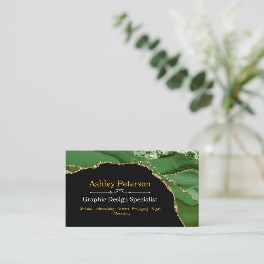 アガテグリーンと金ゴールドフェイクグリッター 名刺 (スタンド正面)