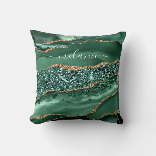 アガテグリーン金ゴールドグリッター大理石あなたの名前ピロー クッション (正面)