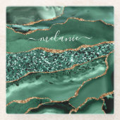 アガテグリーン金ゴールドマーブルコースター名前をカスタムする ガラスコースター (正面)