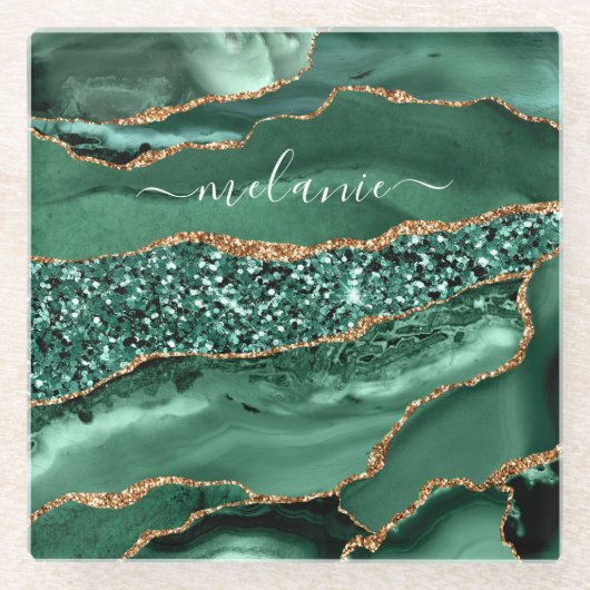 アガテグリーン金ゴールドマーブルコースター名前をカスタムする ガラスコースター (正面)