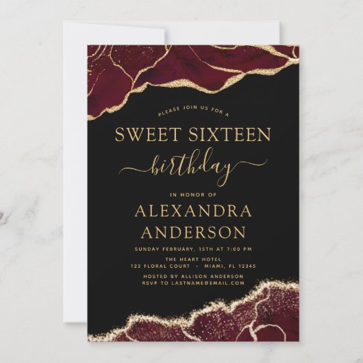アガテスウィート16誕生日ブルゴーニュ金ゴールド招待状 招待状 (正面)