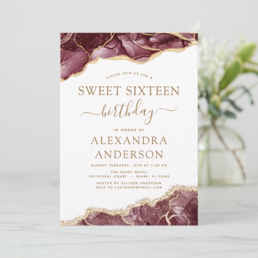 アガテスウィート16誕生日ブルゴーニュ金ゴールド 招待状 (スタンド正面)