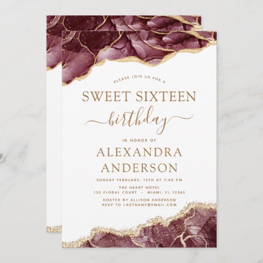 アガテスウィート16誕生日ブルゴーニュ金ゴールド 招待状 (正面/裏面)