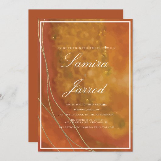 アガテテラコッタハンドウォーターフェイクカラー金ゴールド結婚ズ 招待状 (正面/裏面)